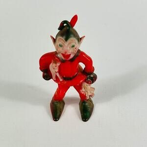 Vintage Rosbro Christmas Elf Red And Green Plastic Ornament